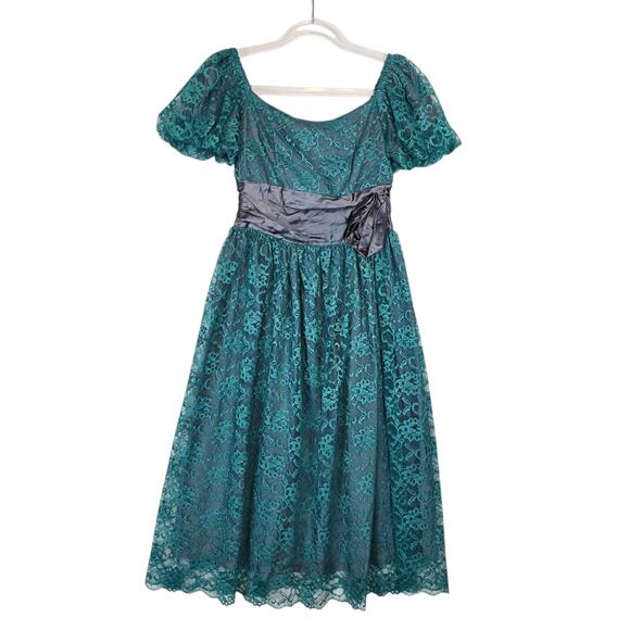 Vintage 80’s Paragon Teal Lace Formal Prom Midi Dress Gray Lining Waist Rosette - Picture 1 of 10